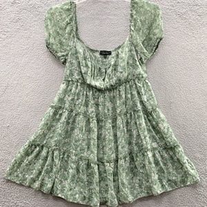 TRIXXI Women Green Floral Stretch Short Puff Sleeve Mini Tiered Dress Juniors